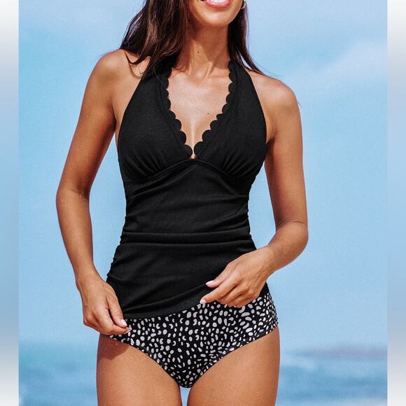 Cupshe Black Halter Scalloped Tankini Top and Standard Bottoms 2 pc Medium - Picture 1 of 9